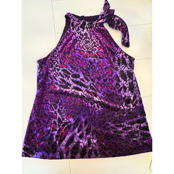 Style & Co Purple Velvet Animal Print Halter Top Size M Neck Tie Y2K Glam - Picture 2 of 5